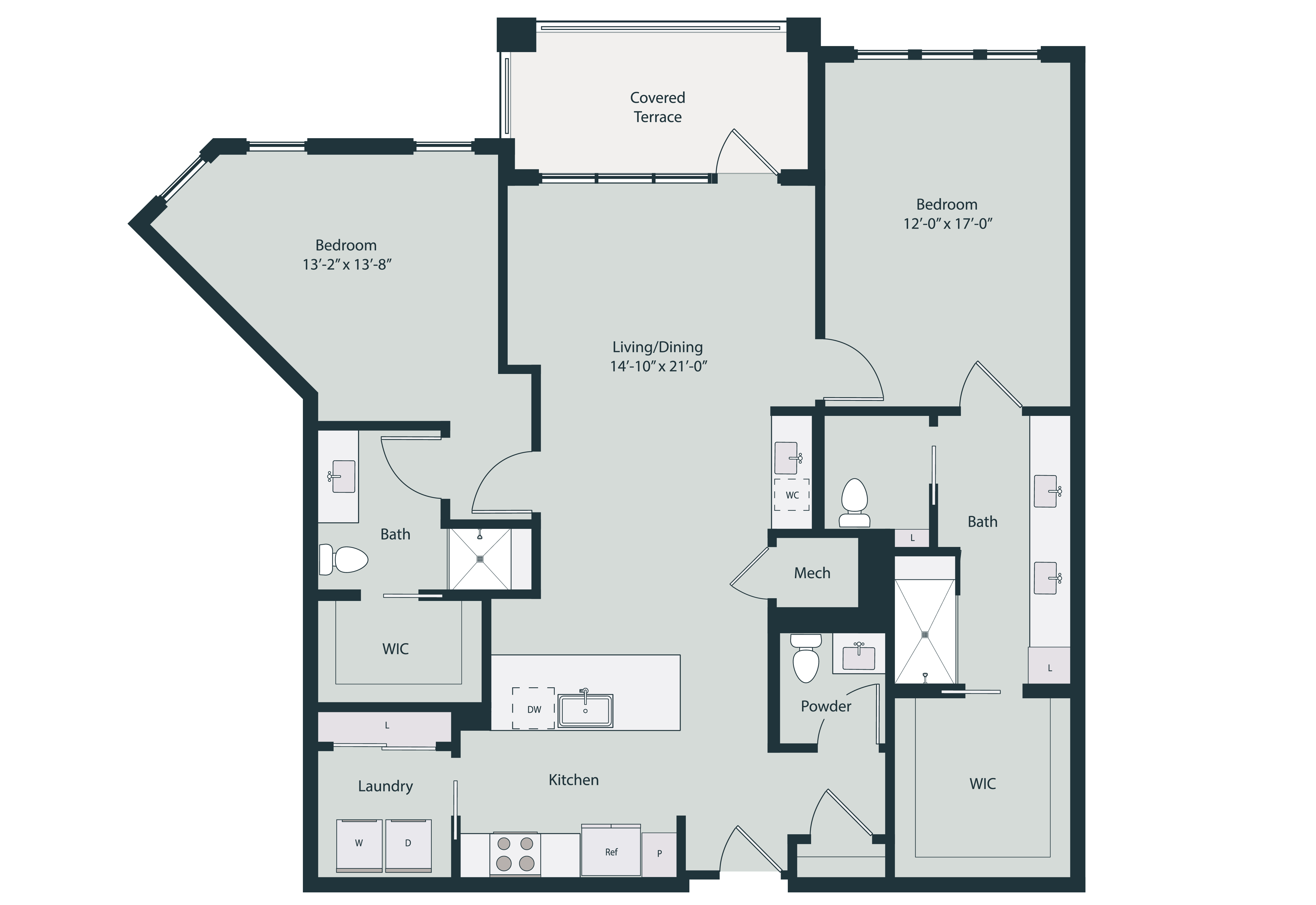 Floor plan for 2 beds, 2.5 baths, 1460 sqft